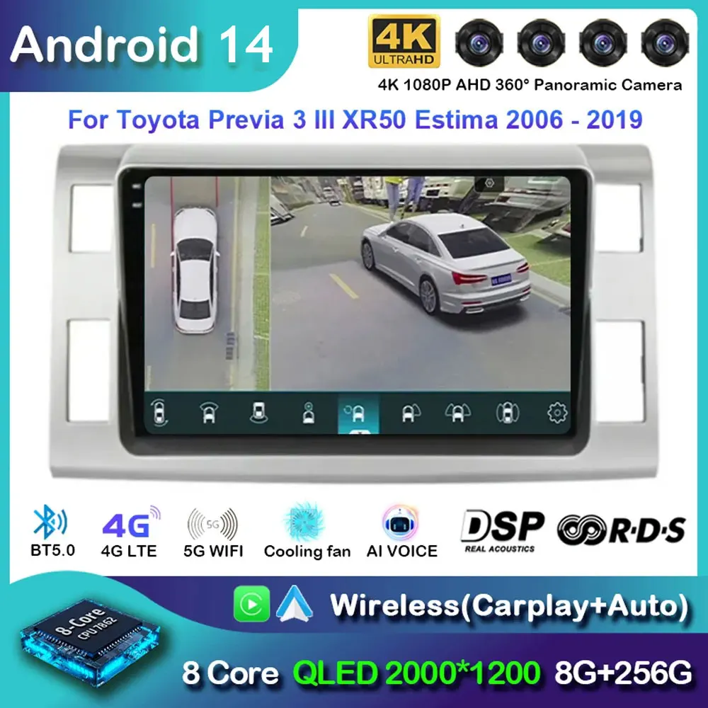 

Автомобильный радиоприемник Carplay на Android 14 для Toyota Previa 3 III XR50 Estima 2006-2019, GPS-навигация, мультимедийный плеер, стерео видео