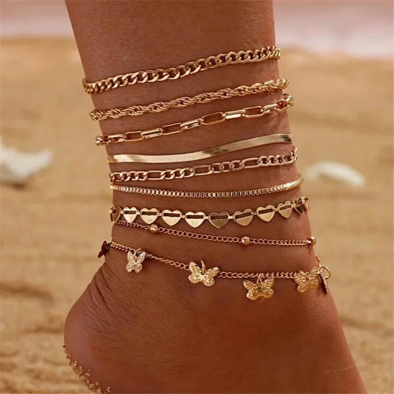 

Found Form 9Pcs Simple Metal Chain Butterfly Pendant Anklet For Women Adjustable Layered Minimalist Beach Anklet Foot Jewelry