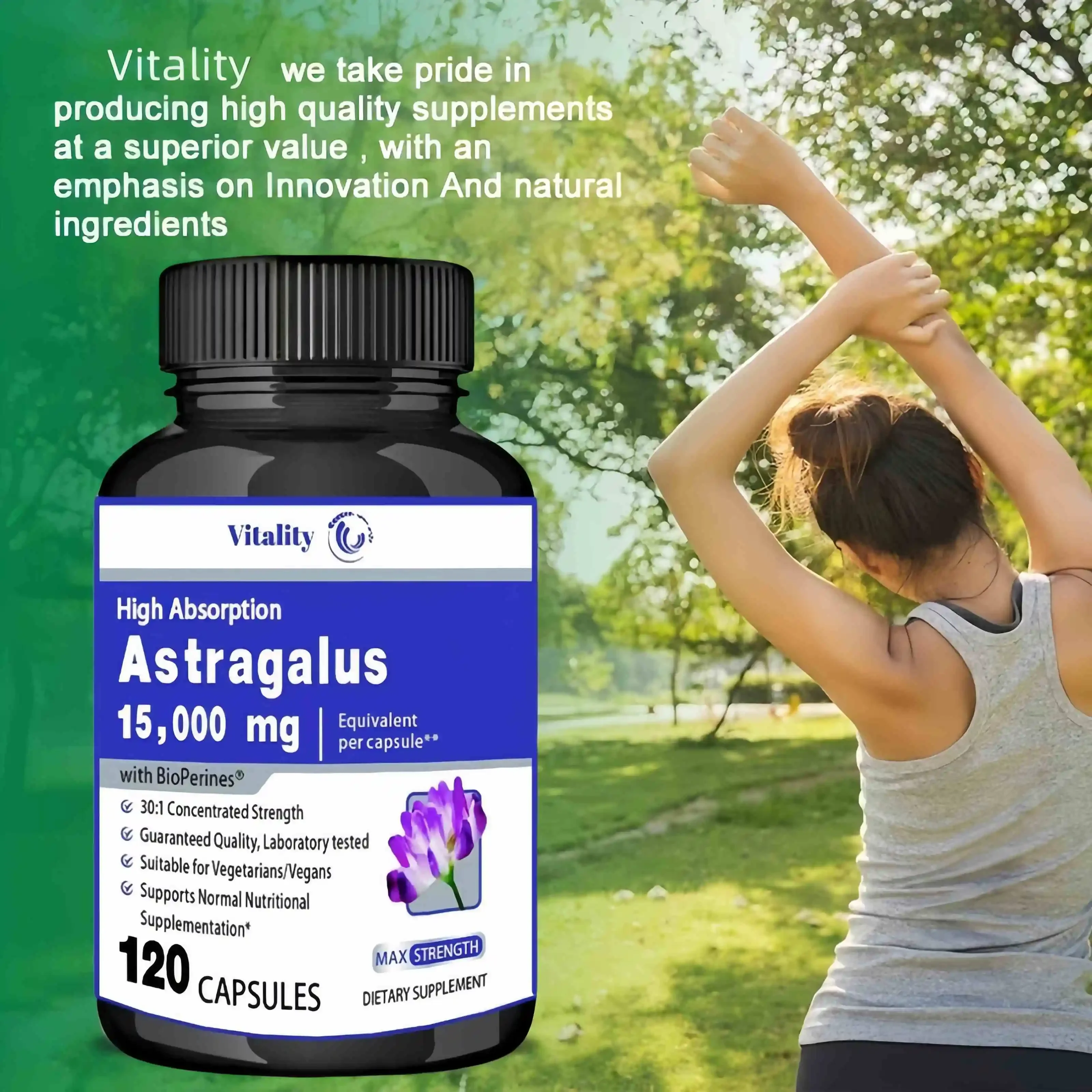 Vitality Natural Astragalus Root, 15000mg Traditional Immune Support, Non-GMO Project Verified, Vegan, 30/60/120 Capsules