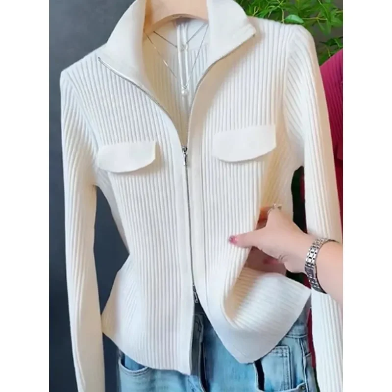 2025 Femme Double Zipper Sweater Cardigan Autumn Ladies Casual Lapel Knit Jacket Korean Women Fashion Long Sleeves Knitted Coat