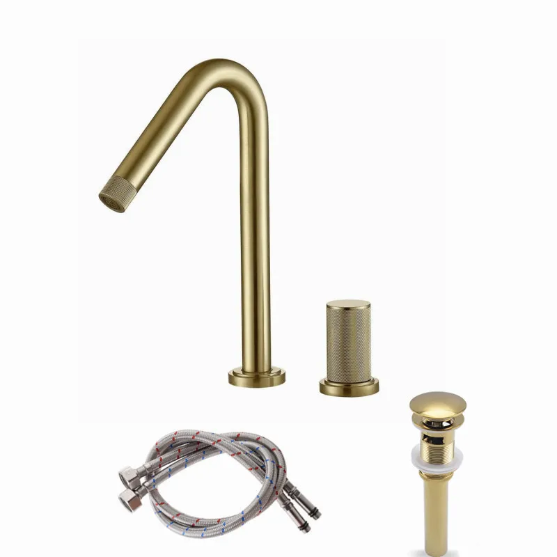 

Bathroom 2 Holes Basin Faucet Brushed Gold Mixer Faucet With Pop Up Drain