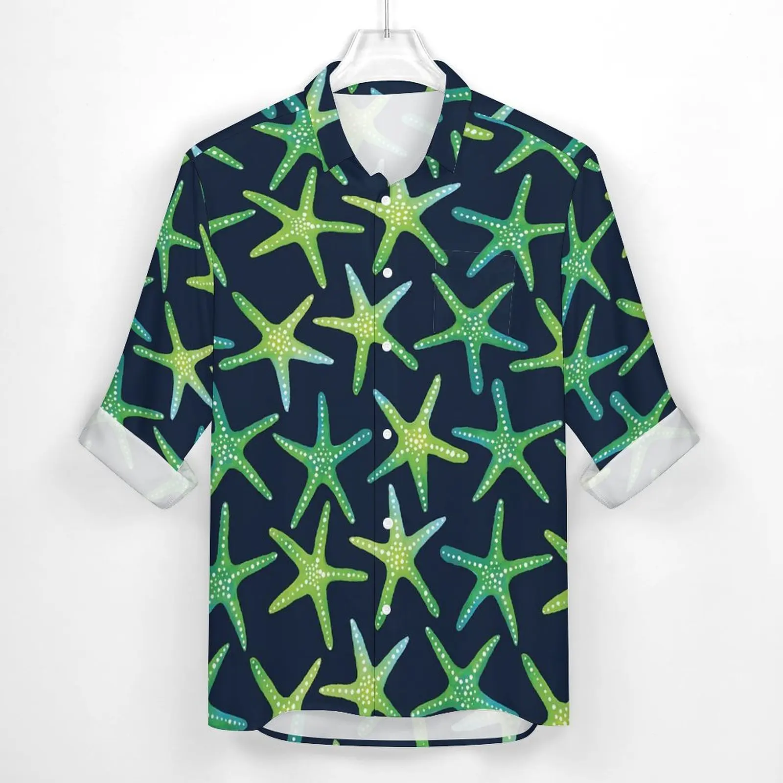 Green Starfish Casual Shirts Men Sea Creature Shirt Long Sleeve Loose Streetwear Blouses Spring Custom Clothes Large Size