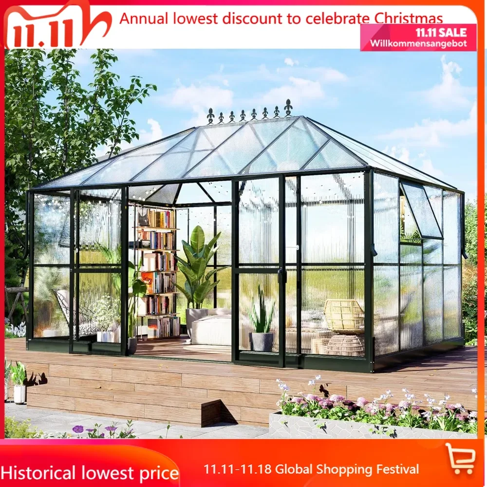 Polycarbonate Greenhouse with 2 Vents and Double Swing Doors 6FT Added Wall Height, Walk-in Large Winter Greenhouse Sunroom