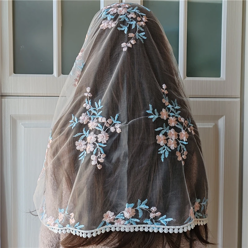 Manille florale infini pour femmes, voile en Tulle blanc catholique, couverture de tête d'église, chapelle Vintage brodée de fleurs roses et bleues