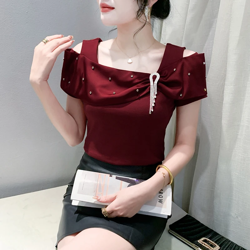 2024 Summer New Fashion Diamond Ruffle Short sleeved T-shirt for Women Slim Fit Off Shoulder Top Cotton Tees