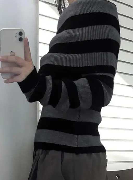 

Casual and Minimalist Striped Embroidered Off Shoulder Long Sleeved Sweater, Winter Women's One Cut Fashionable Knitted Sweater