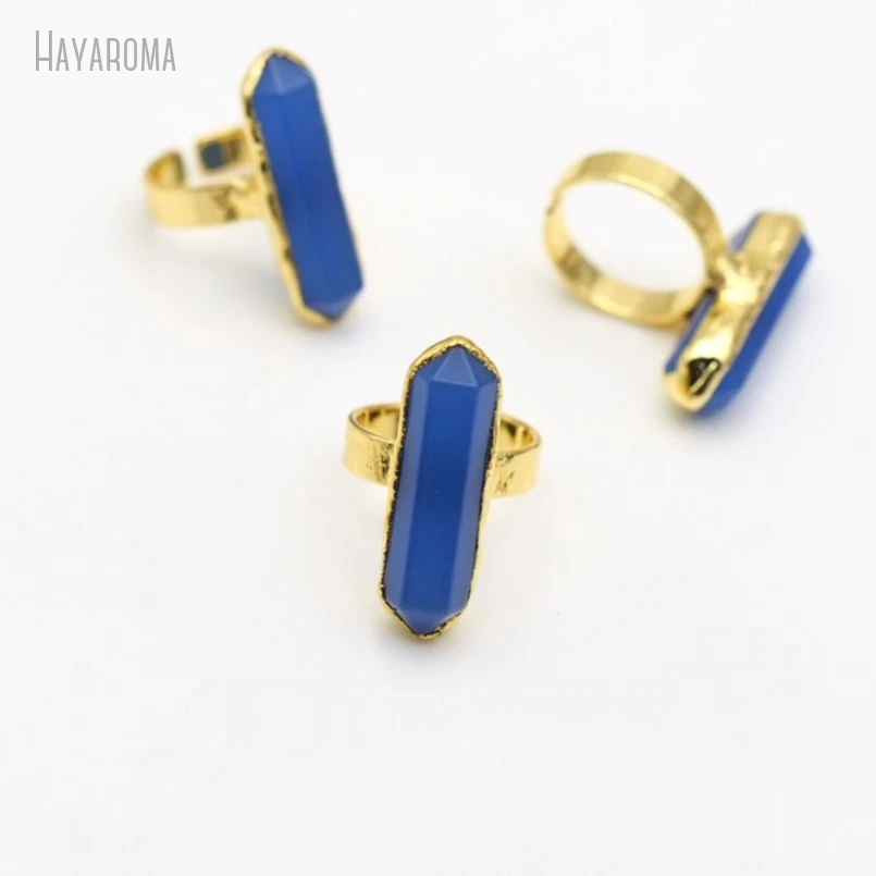 10Pcs Wholesale  Gold Color Blue Glass Crystal Double Terminated Point Hexagon Ring RM50117