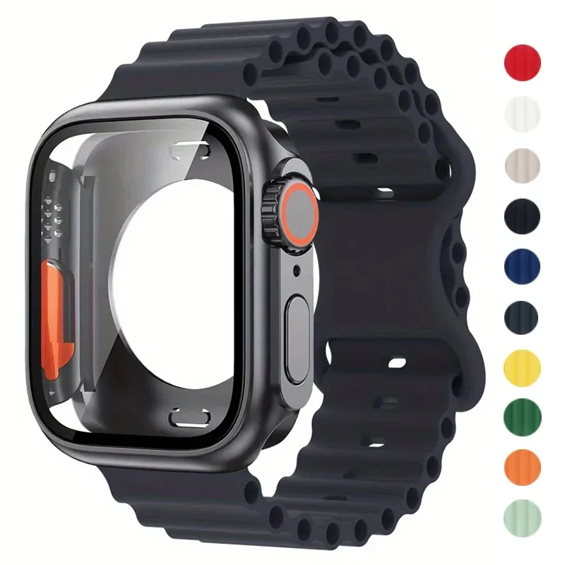 NEW Glass Case+Strap for Apple Watch Band 40 41 44 45 42 46mm Screen Protectors case for Apple IWatch Series 11 10 9 8 7 6 54