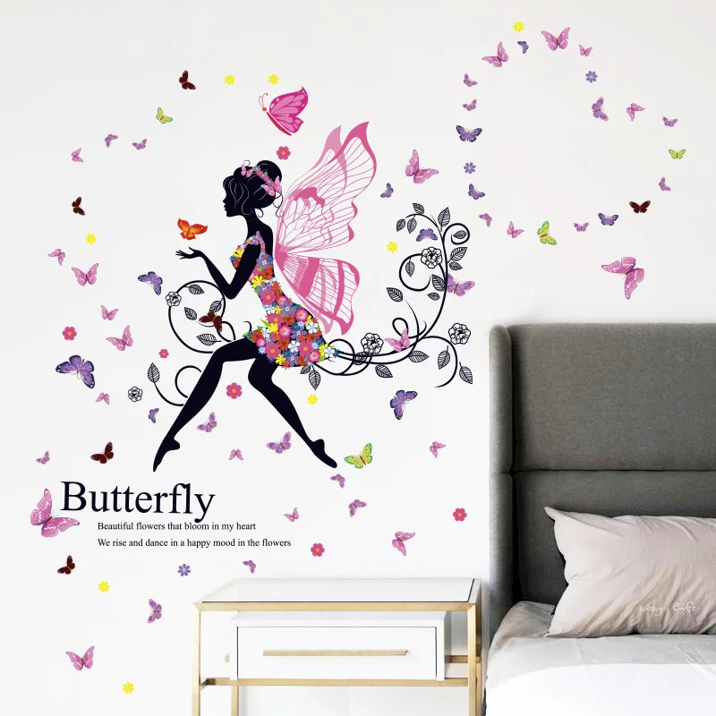 Pegatinas de Pared con Silueta de Mariposa y Hada Floral, Decoración de Dormitorio con Flores y Alas de Elfo Coloridas