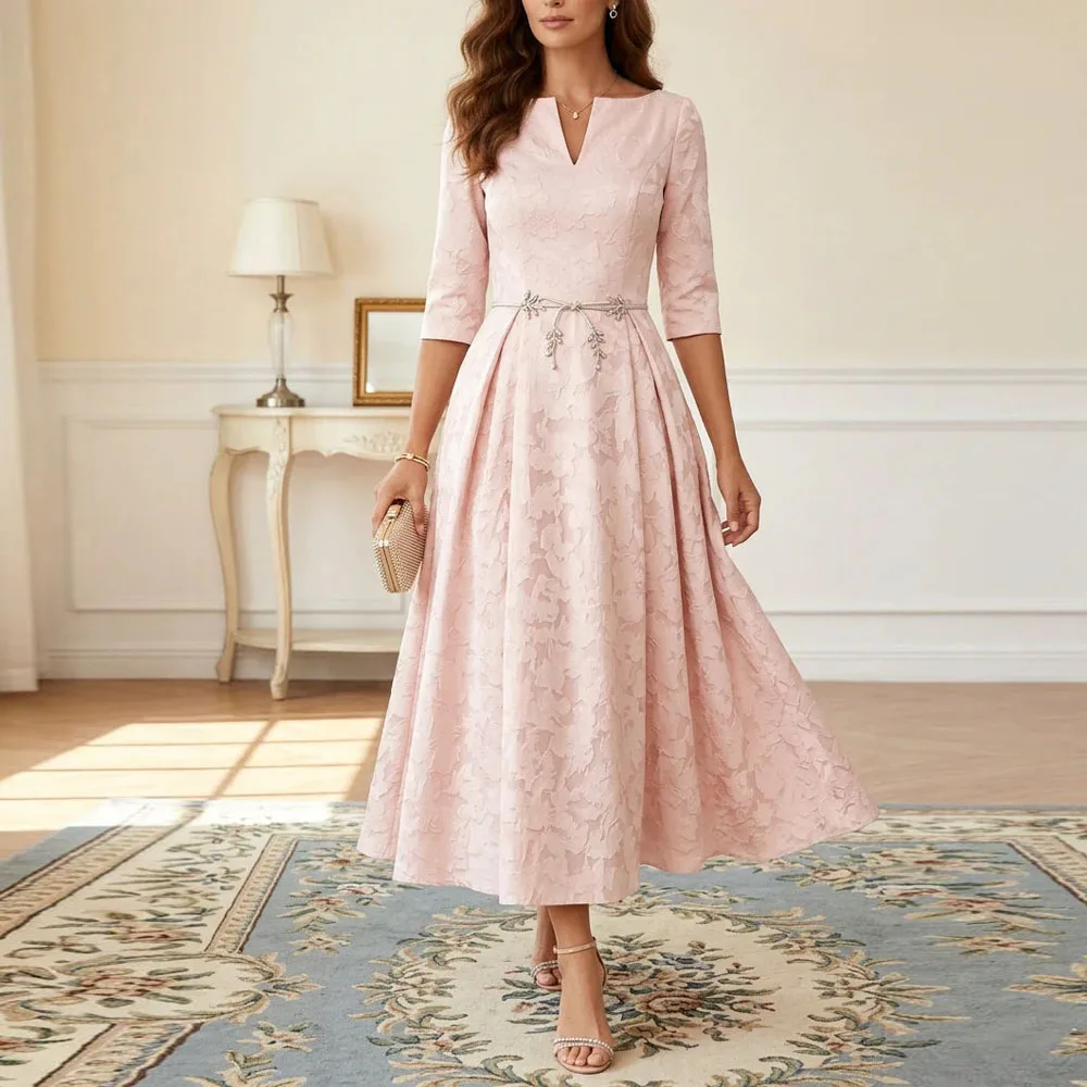 Customzied Mother of The Bride Dress Floral Print 3/4 Sleeves V Neck A Line Draped Ankle Length for Wedding Guest Gowns Evening