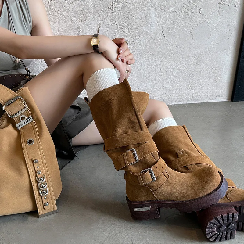 MKKHOU модные сапоги до колена женские высококачественные замшевые сапоги с круглым носком и пряжкой на высоком каблуке на толстой подошве уличные длинные сапоги