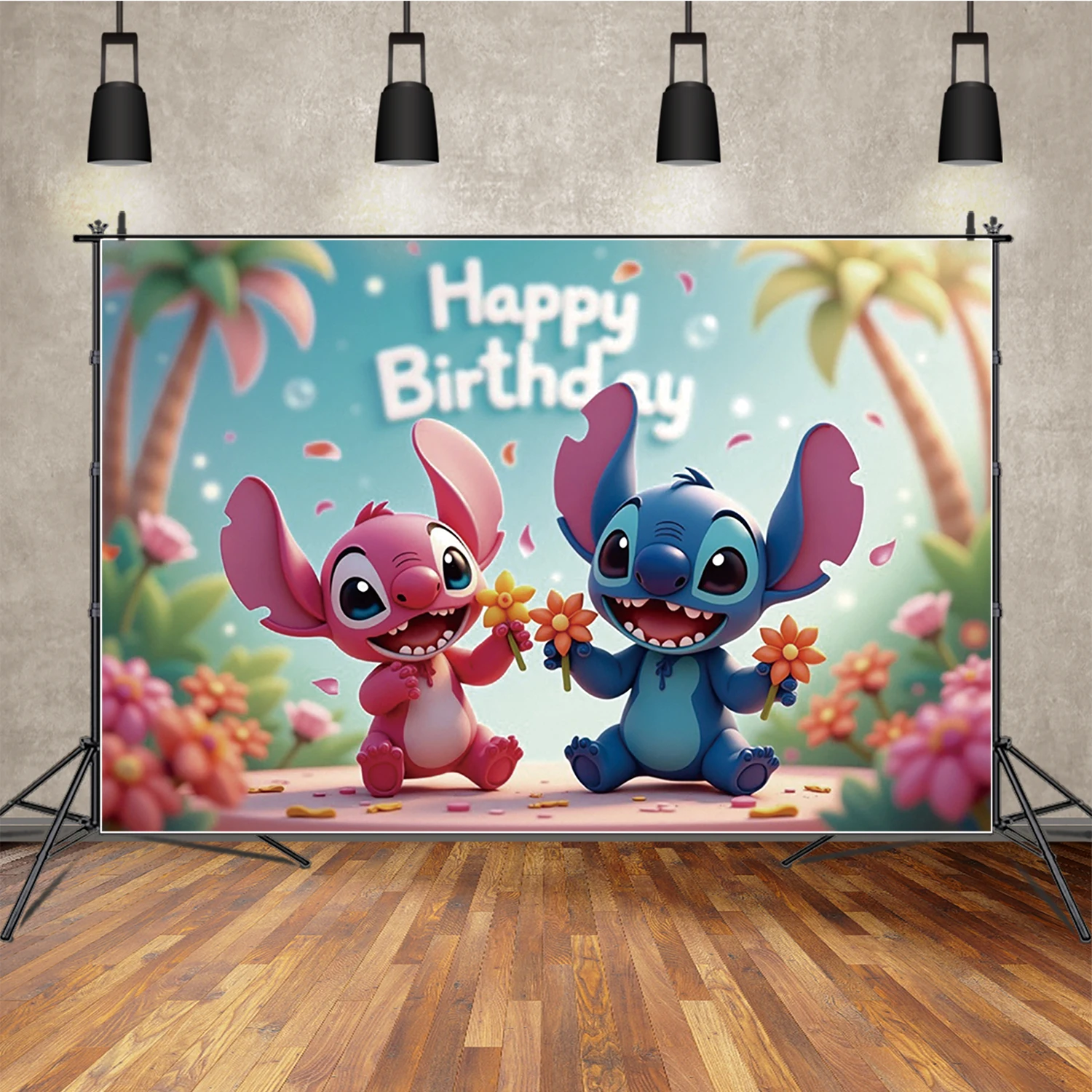 

Lilo & Stitch Happy Birthday Photography Backdrop Flower Angel Communion Background Children Studio Party Decor Props