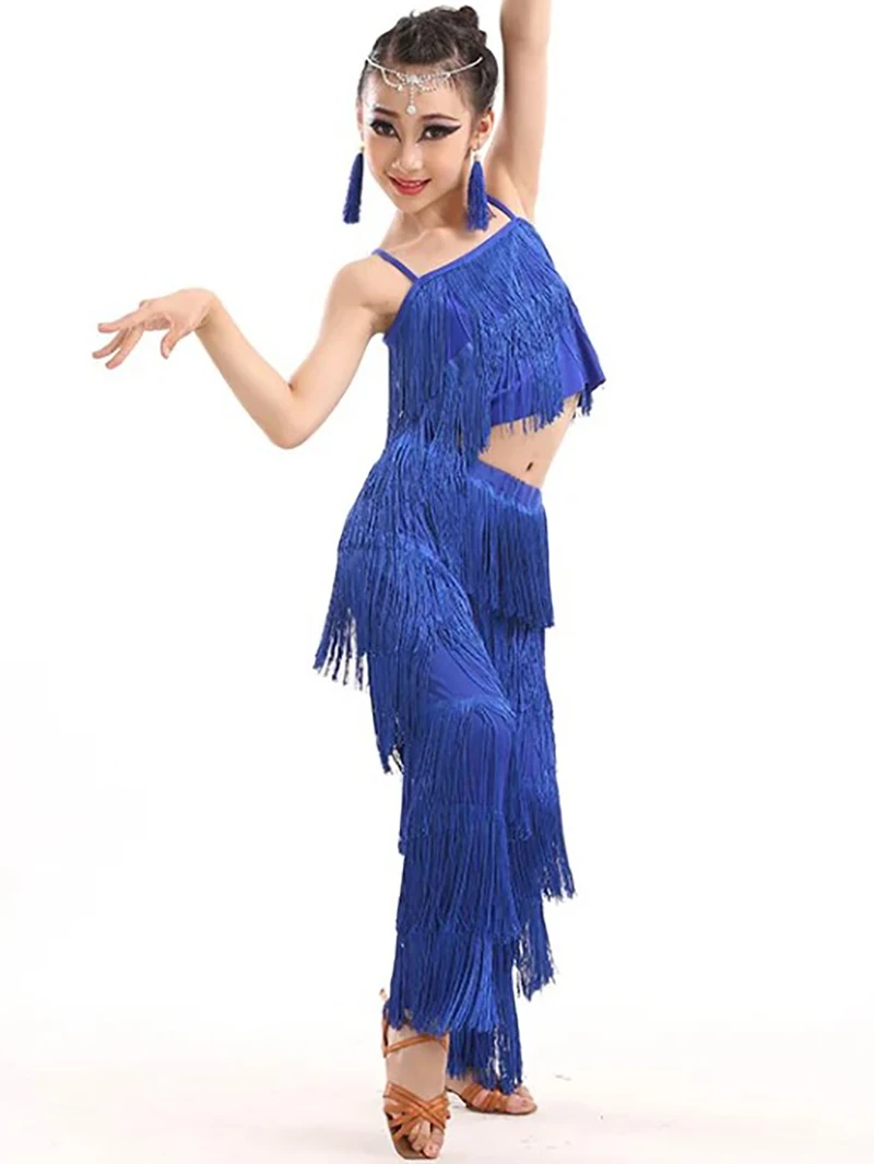 Kids Girls Latin Dance Set Competition Ballroom Party Tassel Dancewear Pants and Top Fringe Latin Jazz Dancing Costumes 10 Color