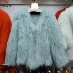 2024 Women's Long Sleeve Winter Warm Genuine Fur Coats Long Jackets New Style High Quality Natural Raccoon Fur Knitted Coat