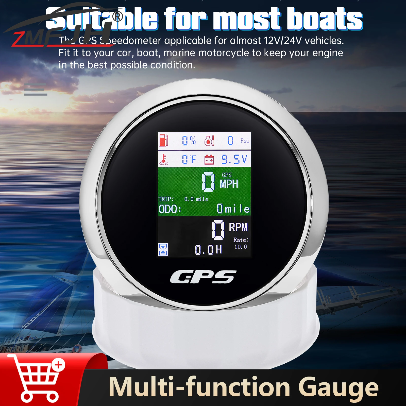 

85 мм 6 в 1 Датчик GPS Измеритель скорости Об/мин Вода Температура масла Пресс Вольтметр уровня топлива Многофункциональный ЖК-дисплей Одометр для лодки автомобиля
