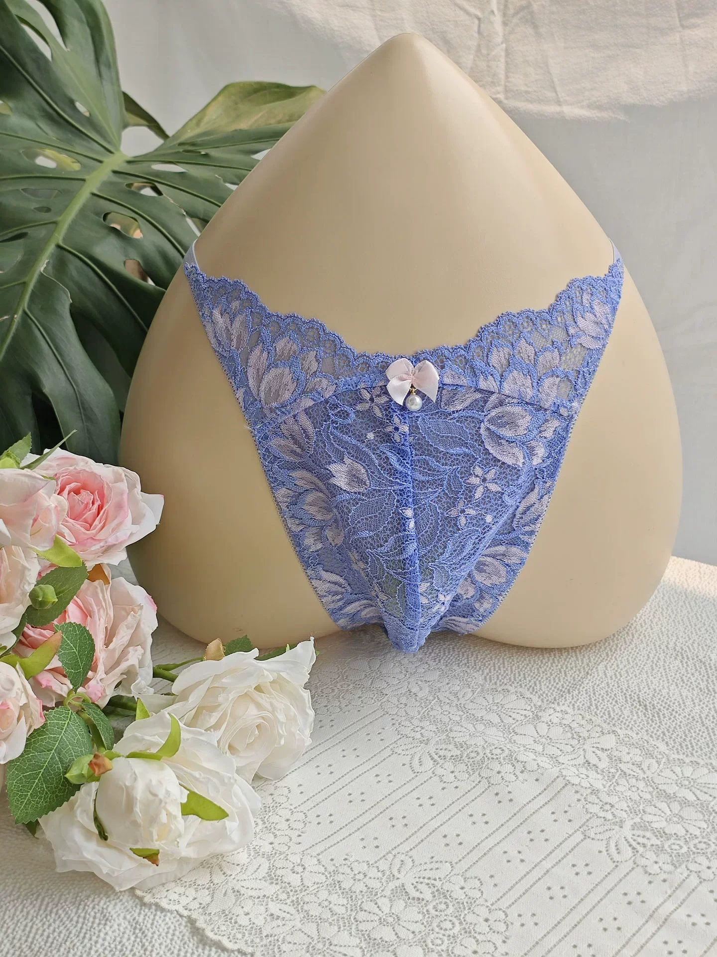 Black Lace Man's T-brief Embroidery Handmake Blue Pink BF Gifts Private FKK Party - view 3