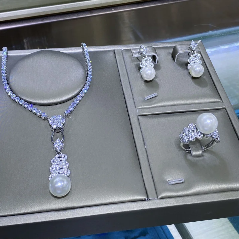 Natural Shell Comparable to Pearl High-end Feel Full Diamond Open Ring Women's Elegant Versatile Pendant Earring Set