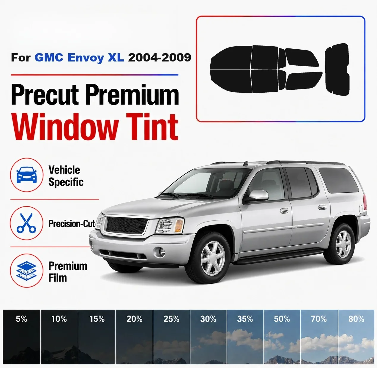 Kit de films solaires pré-découpés de qualité supérieure pour vitres avant, vitres arrière et pare-brise arrière pour GMC Envoy XL 2004-2009, film nano-céramique solaire pour voiture.