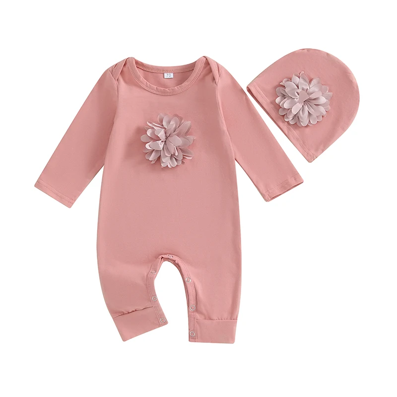 2PCS Baby Girl Cotton Romper Newborn Baby Crewneck Long Sleeve 3D Flower Jumpsuit Pants Hat