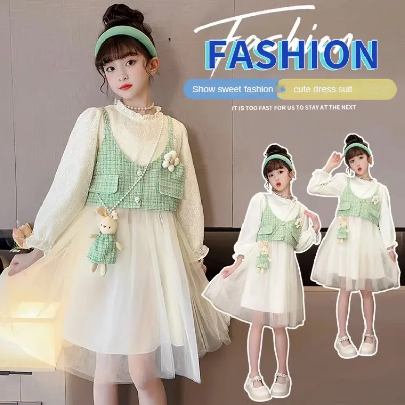 2-14 Years Old Girl Spring and Autumn Two Piece Set Dress Fashion Style Vest Knee-Length Gauze Skirt Fresh Cute Girl Clothes