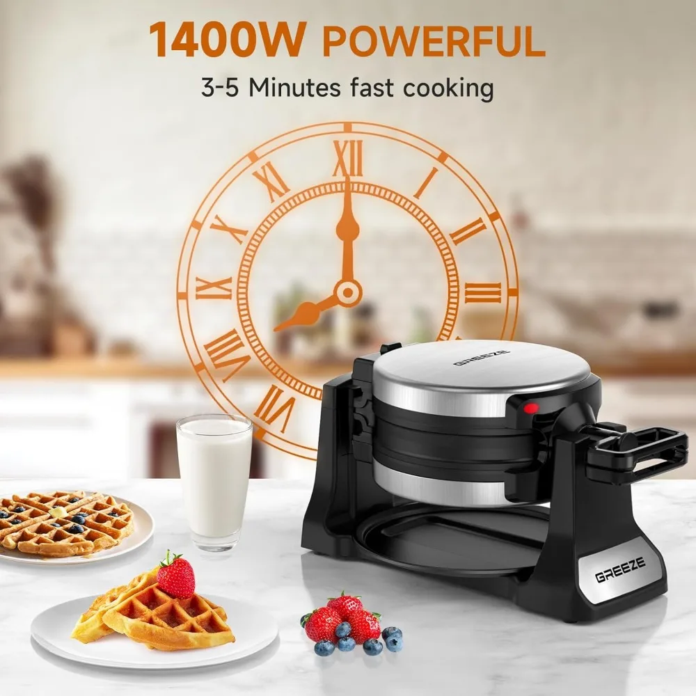 Double Belgian Waffle Maker, Placas rotativas e antiaderentes, Flip 180 °, Ferro 1400W, 8 fatias