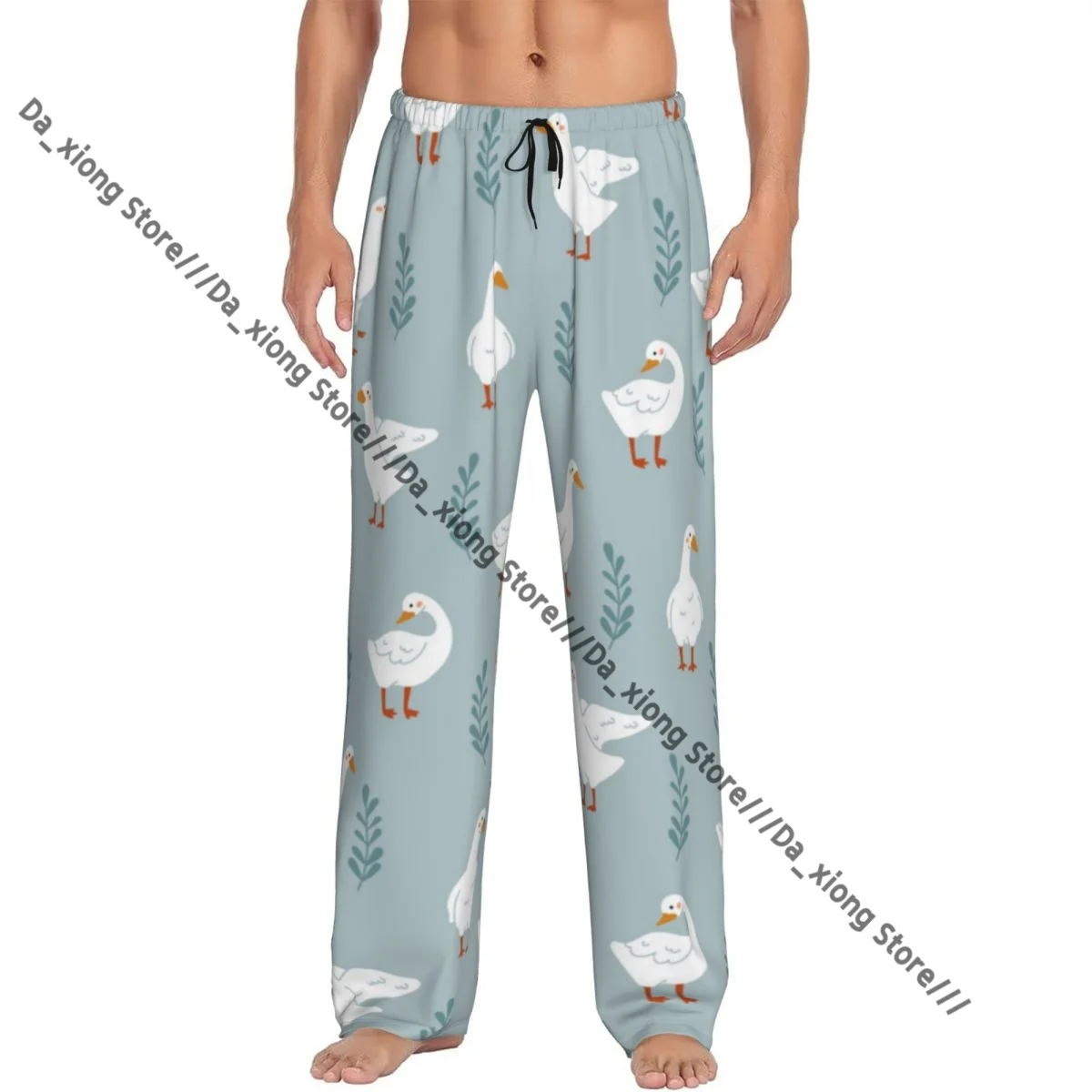 Cute White Gooses And Leaves Scandinavian Geese Pattern Mens Pajamas Pyjamas Pants Lounge Pants Sleep Bottoms