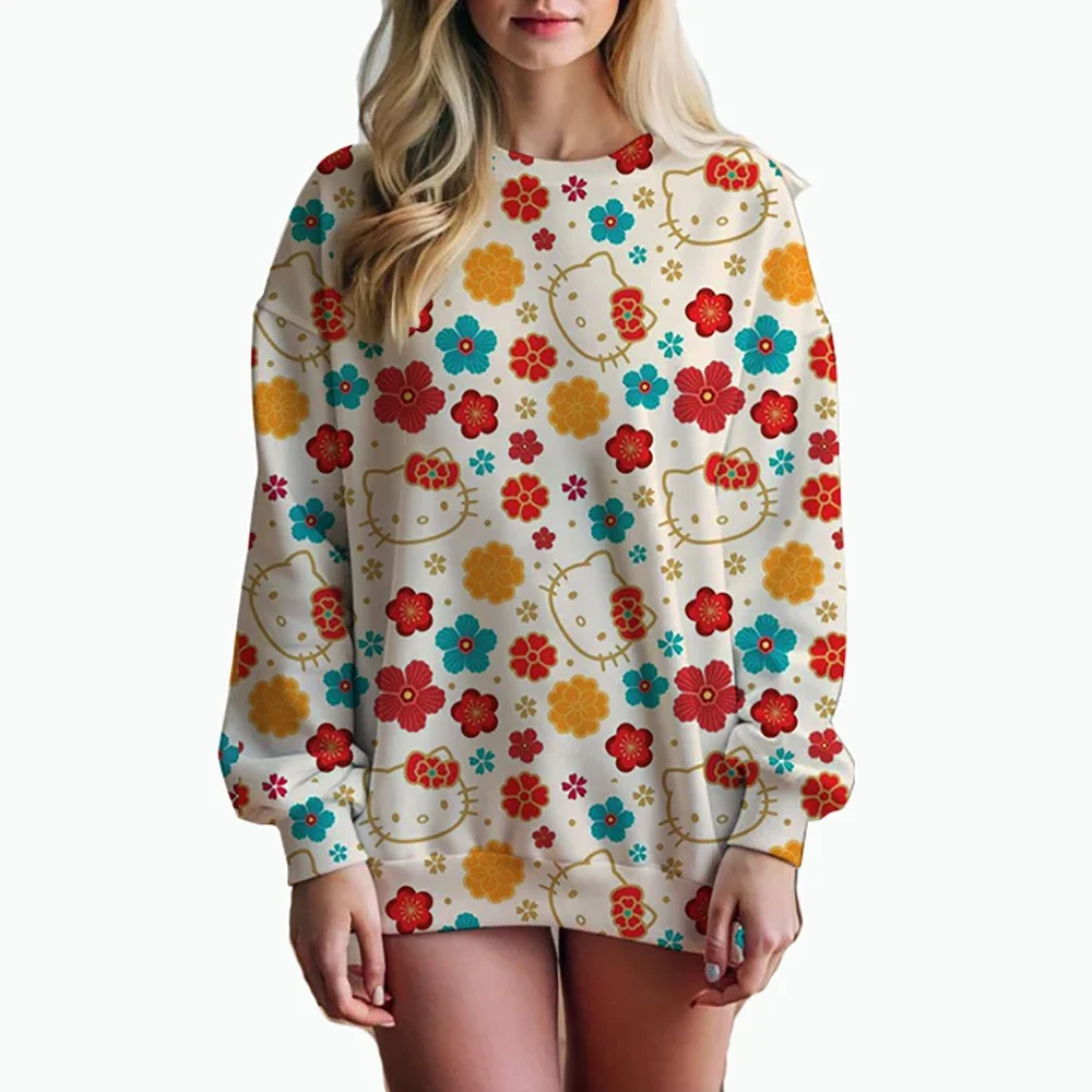 헬로 키티 패션 프린트 스웨트셔츠 여성 패션 편안한 캐주얼 귀여운 라운드 넥 가을 편안한 스웨트셔츠
