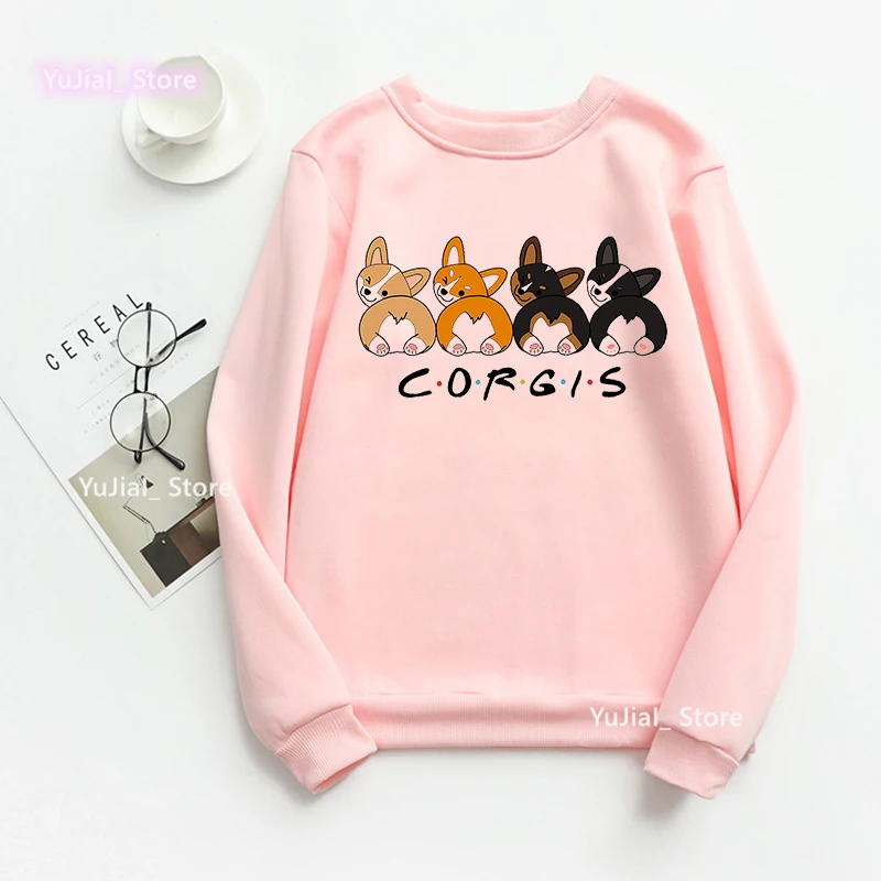 

Cute Corgis Graphic Print Sweatshirt Girls Funny Dog Lover Hoody Women White/Pink/Gray Jumper Harajuku Kawaii Tracksuit Coat