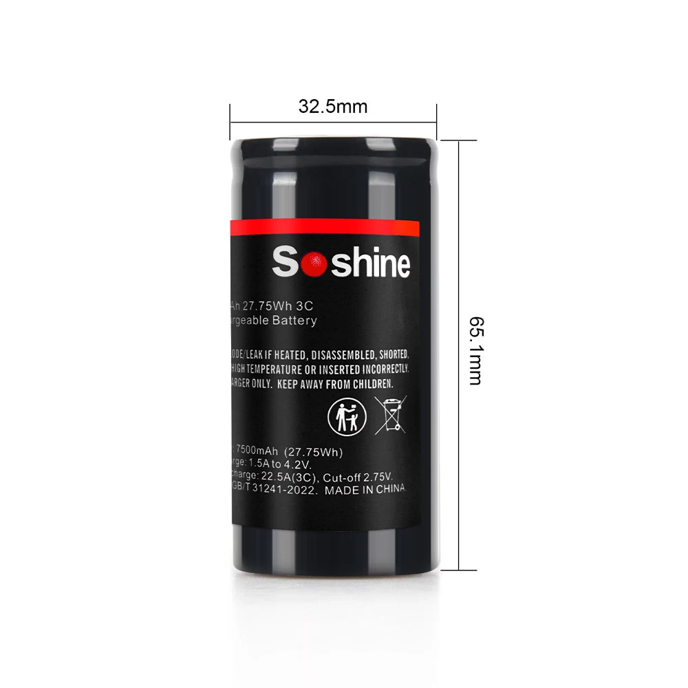 Soshine 32650 3.7V 7500mAh Rechargeable Li-ion Battery 3.7V 7500mAh Flat Top Lithium Batteries for Flashlight Electric Tools