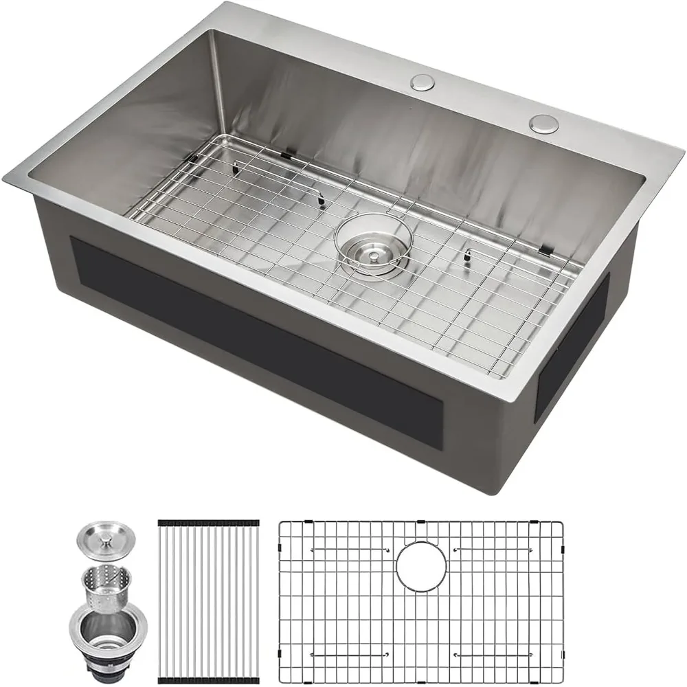 

33 Inch Stainless Steel Topmount Single Bowl Kitchen Sink, 33x22, 16 Gauge T304, 3mm Thick