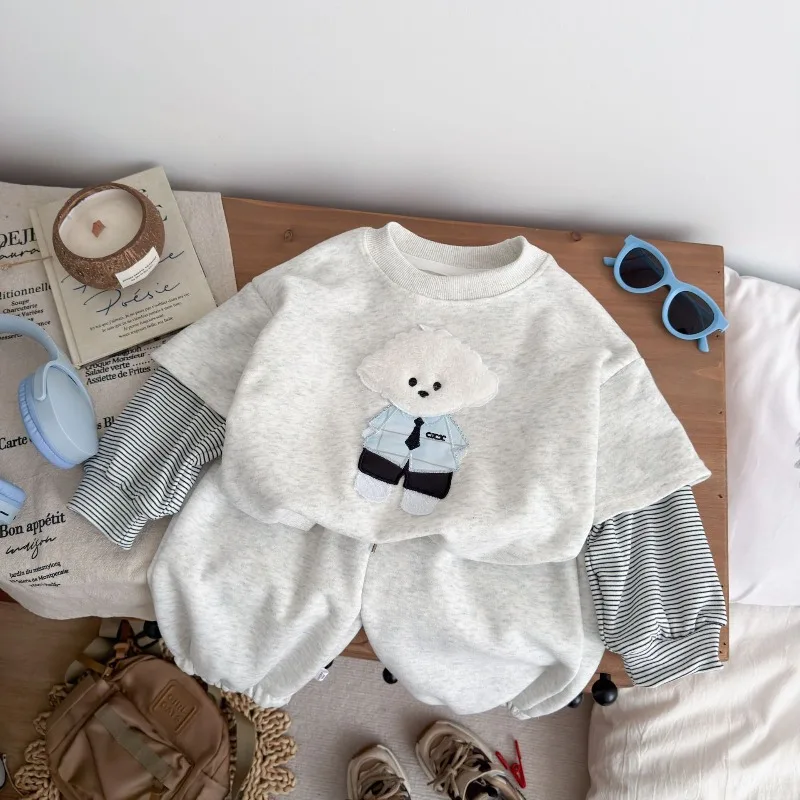 RAISE Herbst 1-12 Jahre Kinder Jungen 2-teiliges Kleidungsset mit Hundeaufdruck, Kinder Jungen Fake Two Piece Oberteil + Hose, Outfits, Teenager Jungen Trainingsanzüge – Detail 5