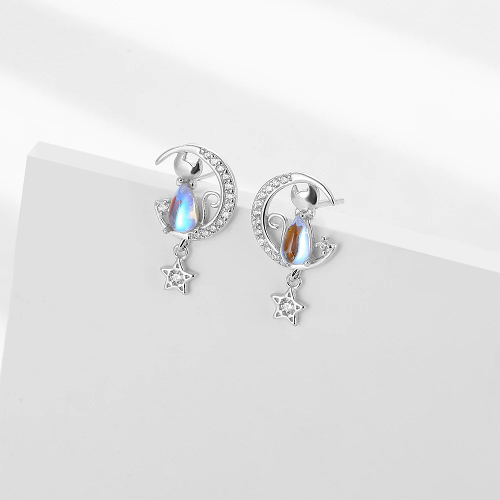 RYJU-925 Sterling Silver Moon Cat Stud Brincos para Mulheres, Moda Bonito Moonstone Brincos, Festa De Casamento Jóias, Presente De Aniversário