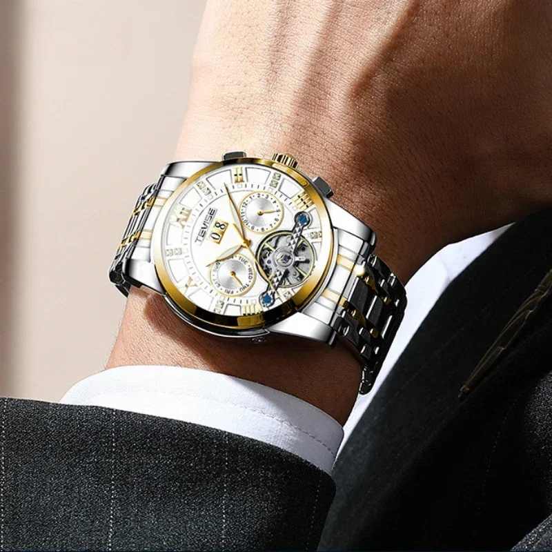 Tourbillon Automatic Mechanical Watch for Men Diamond-encrusted Calendar Week Glow in The Dark Waterproof Multi Function Watch