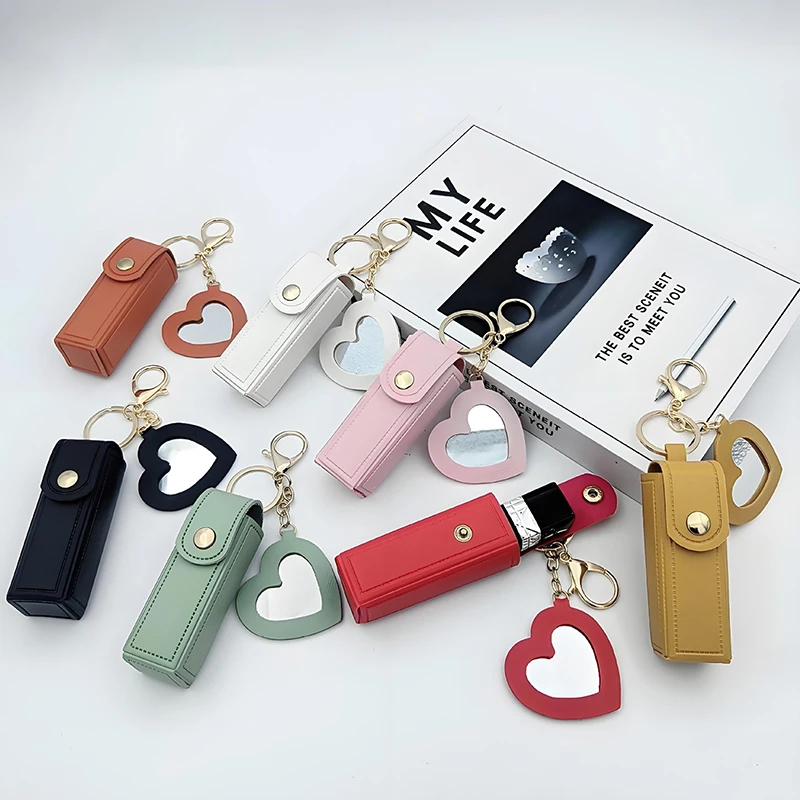 Solid Color Portable Lipstick Bags Wallet Keychain Mini Storage Bag For Women Lipsticks Protective Cover With Mini Makeup Mirror