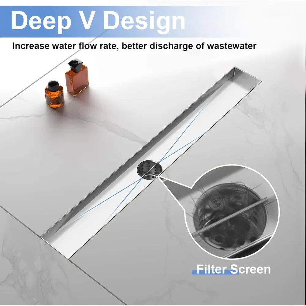 28 Scarico per doccia lungo in nichel spazzolato con inserto per piastrelle, acciaio inossidabile SUS 304, piedini regolabili, raccogli capelli per bagno