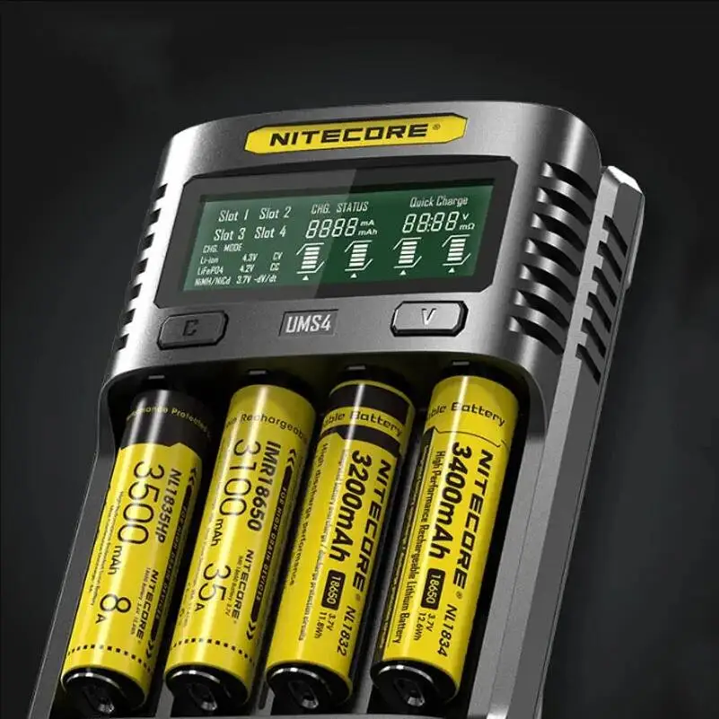 NITECORE Micro USB Port UMS4 UMS2 VC4 LCD Smart Universal Battery QC Charger for Li-ion/IMR/INR/ICR/LiFePO4 18650 14500 26650 AA