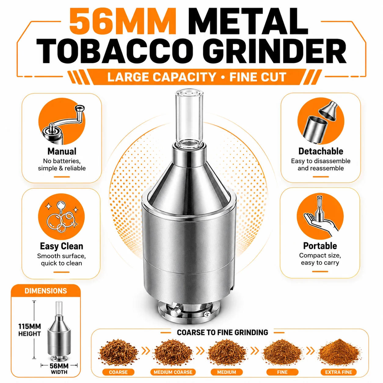 56mm Large Hand Metal Powder Grinder Hand Crank Spice Funnel Food Container Tool Manual Herb Mill with Storage Jar Fine Powder Maker for Kitchen Cooking Baking Seasoning Coffee Tea Nuts Portable Durable Easy Clean Grinder Accessory Set Pack view 7