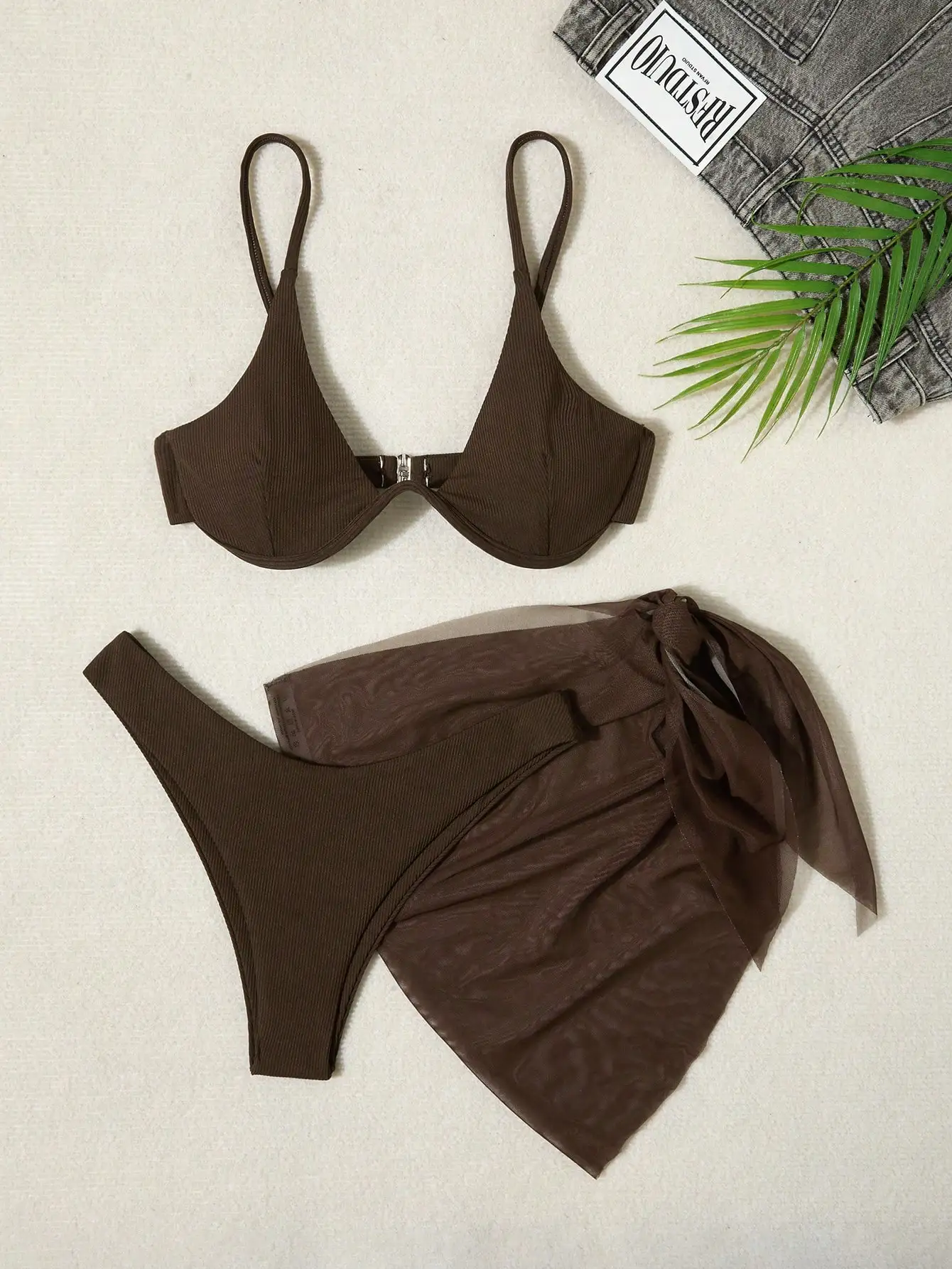 

Ribbed Brown Three-Piece Swimwear Set Featuring Sheer Tie-Waist Cover-Up For Summer Beach And Resort Wear