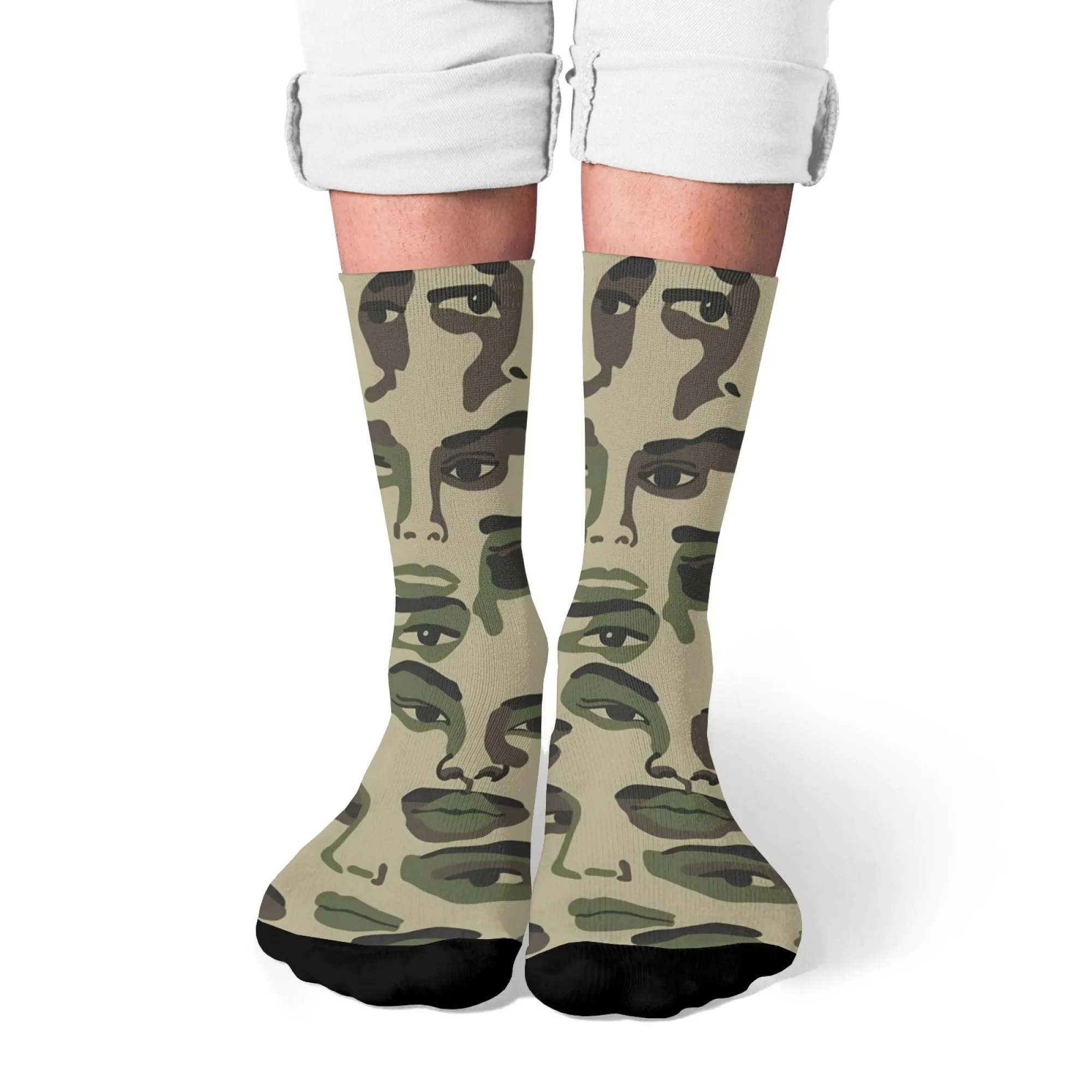 Авангардные камуфляжные носки до середины икры с художественным лицом, полное частичное лицо, коллаж с принтом, функция лица, повседневный наряд и художественный сбор