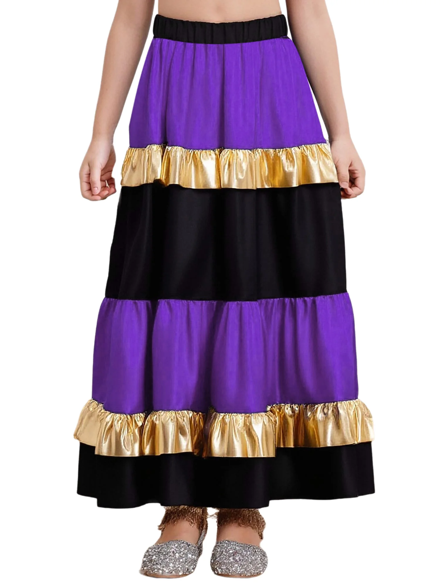 Traje de actuación de danza española Flamenco de vals para niñas, falda Maxi satinada con volantes escalonados, falda oscilante grande brillante metálica