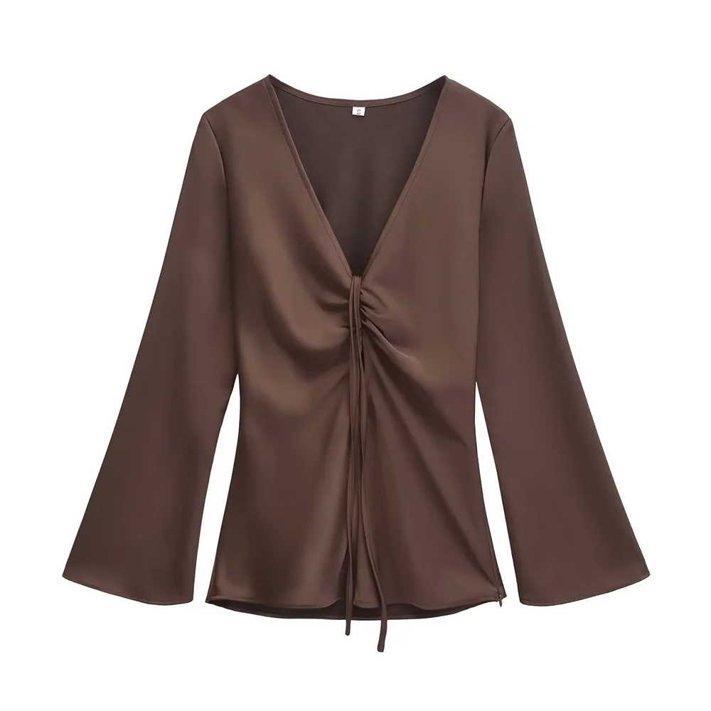 PB&ZA high-end and luxurious satin glossy deep V-neck pleated lace up super slimming long sleeved shirt