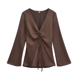 PB&ZA high-end and luxurious satin glossy deep V-neck pleated lace up super slimming long sleeved shirt