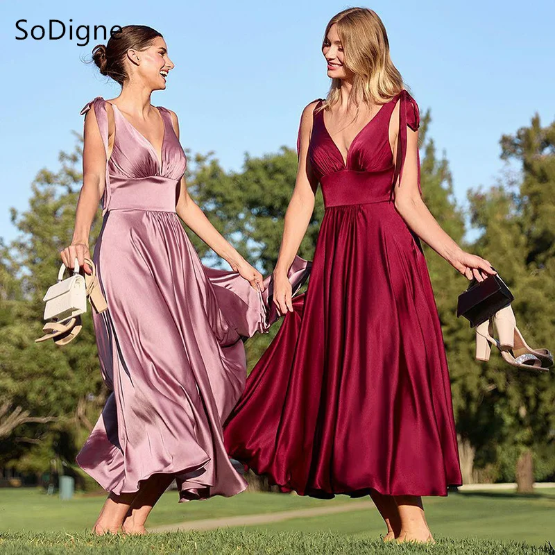 

SoDigne Elegant A-Line Satin Evening Dresses Draped V-Neck Backless Party Dress Ribbons Formal Occasion Prom Gowns Customized