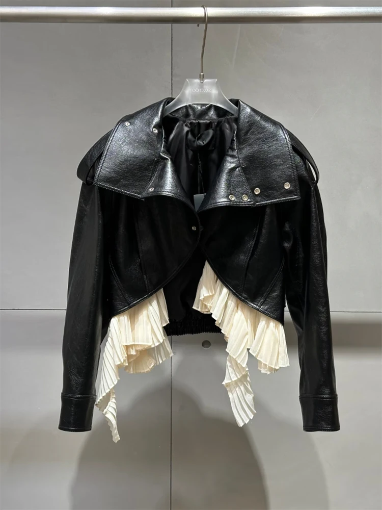 Retro Ruffle Splicing PU Leather Short Jacket Women's High-End Fashion Personality Street Style Versatile Jacket Top