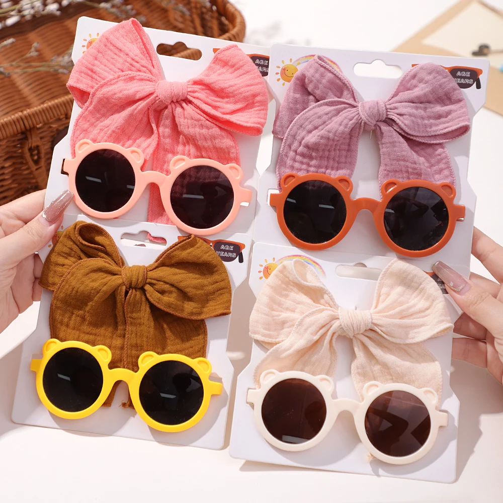 2Pcs/set Cute Girl Big Bow Hairclips Retro Sunglasses for Kids Printing Handmade Hairgripes Kids Headwear Glasses Accessories