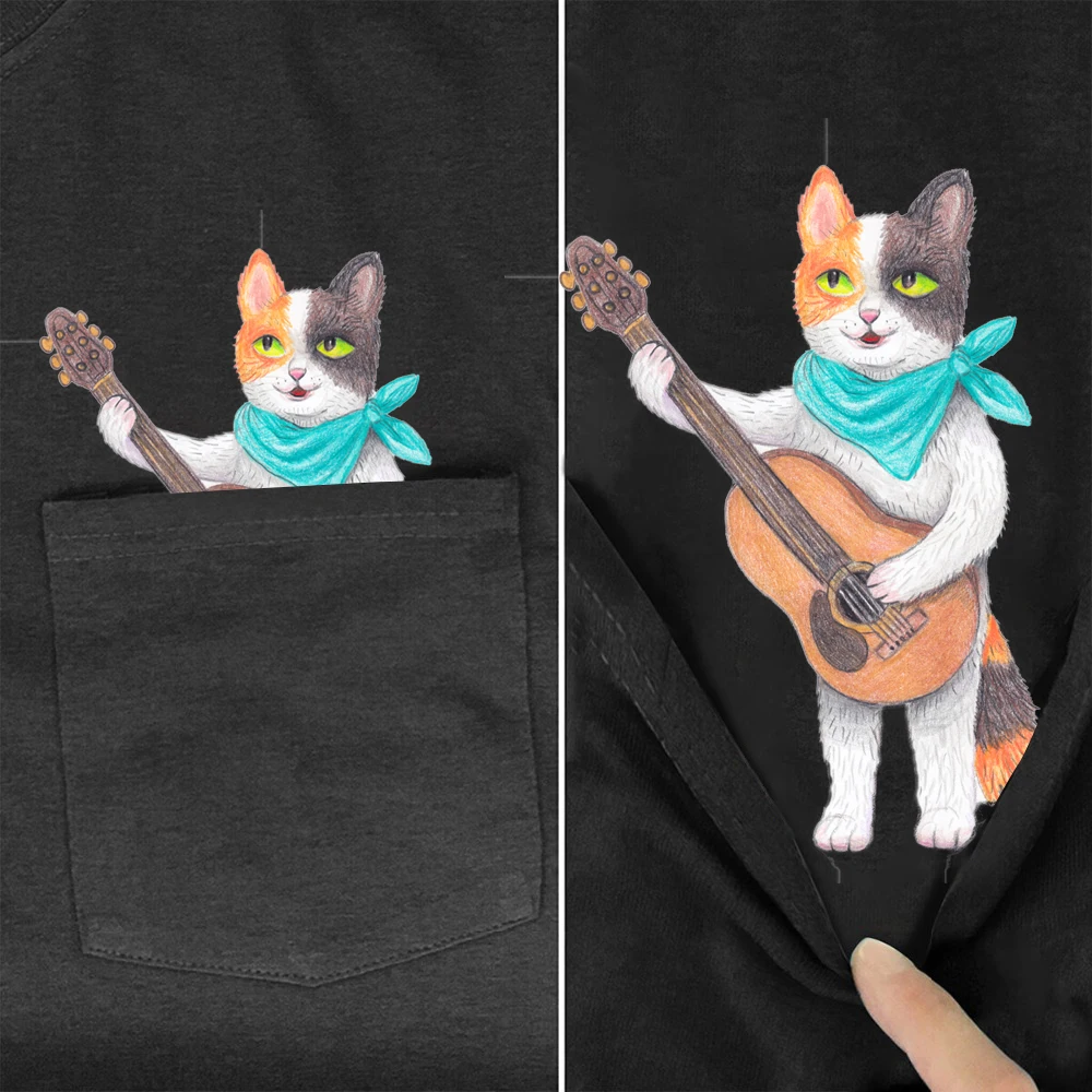 CLOOCL Fashion Cotton T-Shirt Funny Cat With Cello Pocket Sticker Printed T-shirt Unisex Hip Hop Tops Summer Casual Tees S-7XL