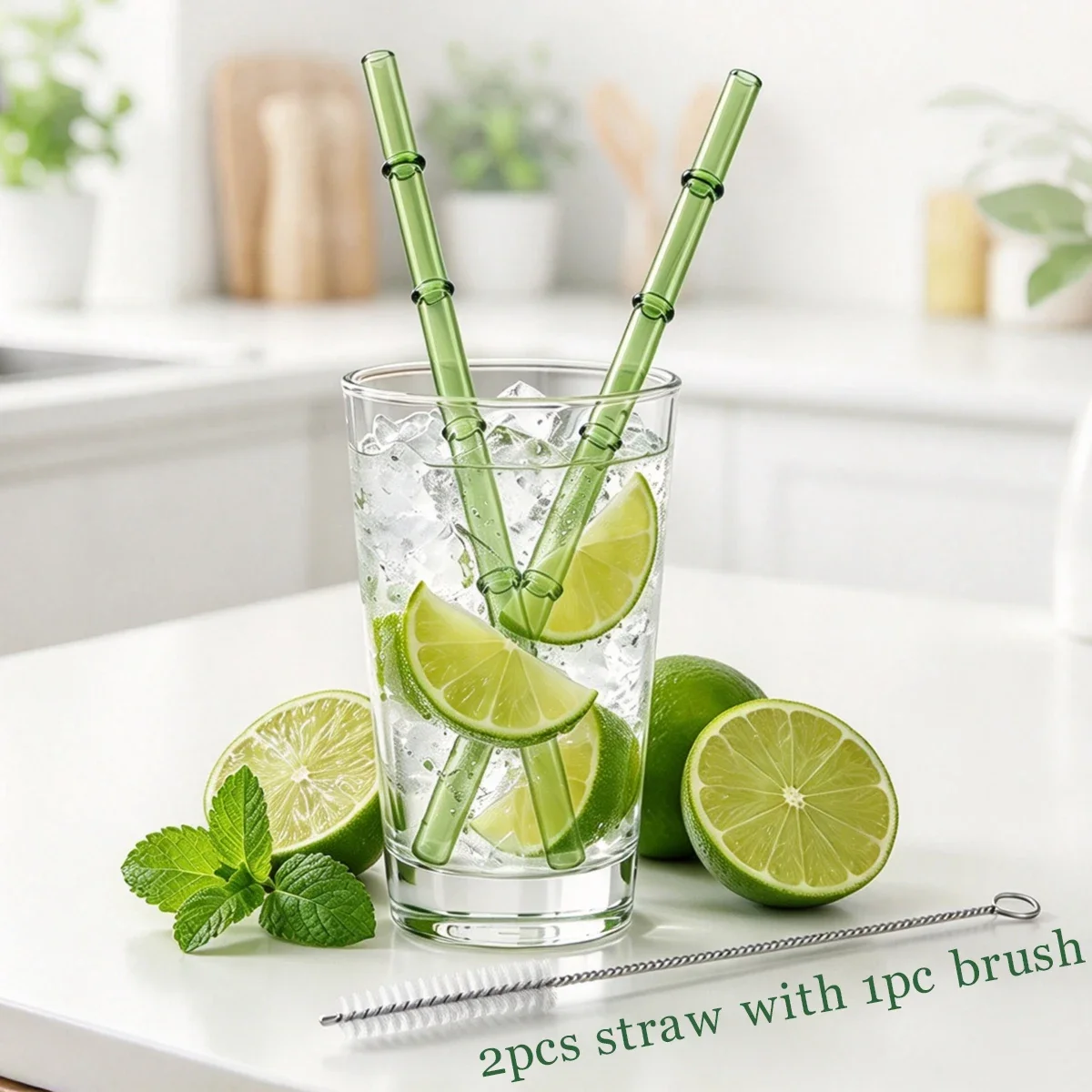 Eco Friendly Glass Drinking Straws 2 Pack Bamboo Style Straw with Clear Brush Shatter Resistant Straw for Home Bar Party Drinks