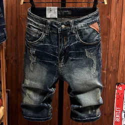 Zomer Denim Short Heren Stretch Gescheurde Slim Fit Retro Gewassen Street Fashion Trends Nostalgische Motorshort