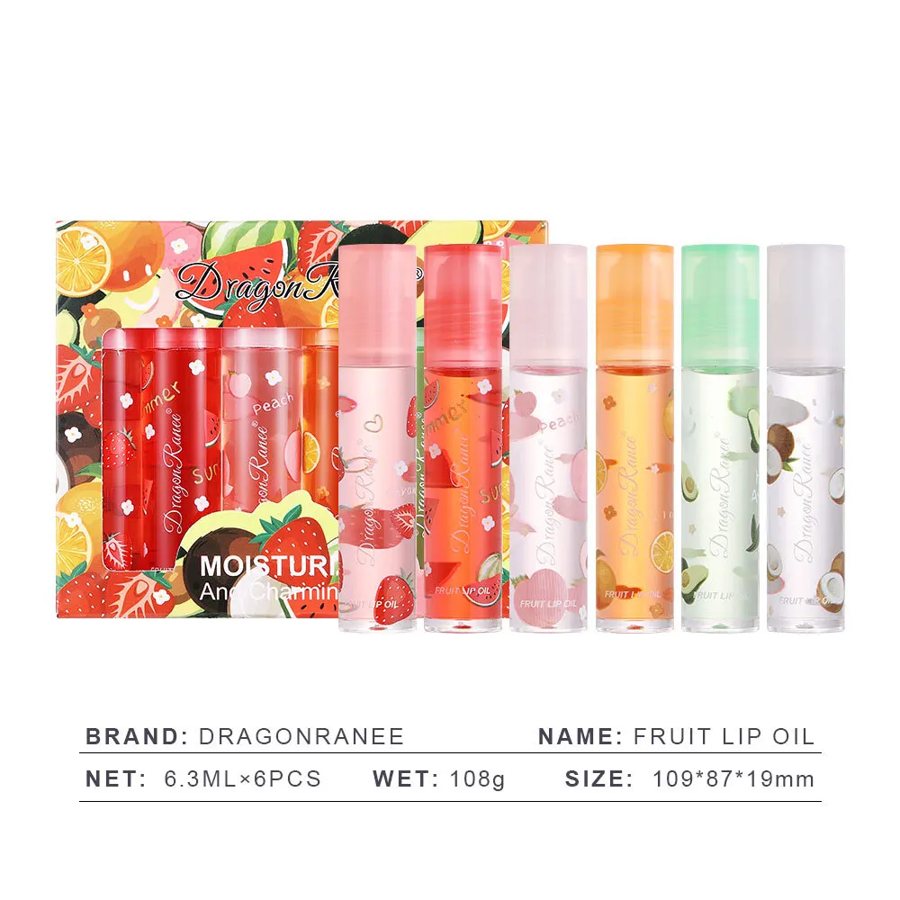 6 colori/scatola Roll-On Olio di frutta Balsamo per le labbra Set Smalto per labbra Specchio idratante Olio per labbra trasparente Lucidalabbra idratante a lunga durata