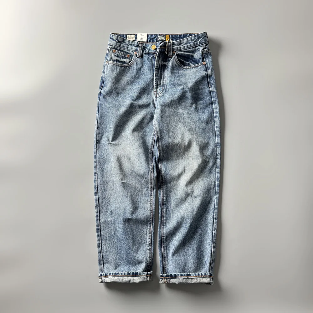 

Waed American Sle Light Blue Straight Leg Loose Dad Jeans Retro Long Trousers Multiple kets mid Waist Zipper Casual Wear